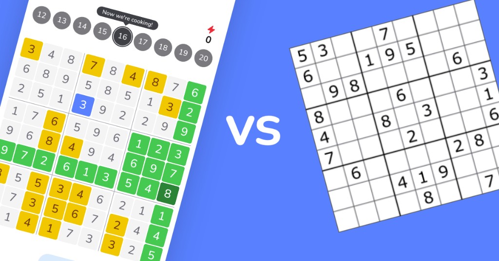 A full coloured swap-sudoku board next to a classic sudoku with empty cells, with vs between them on a blue background
