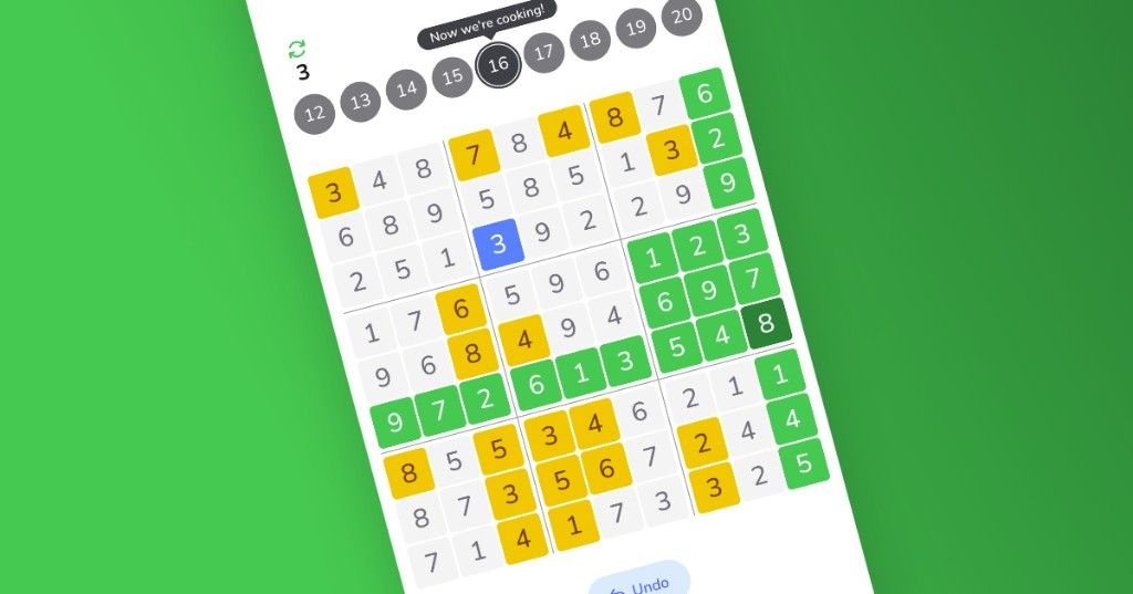 A mid-game Swudoku board on a green background, with yellow and green tiles and one blue selected tile