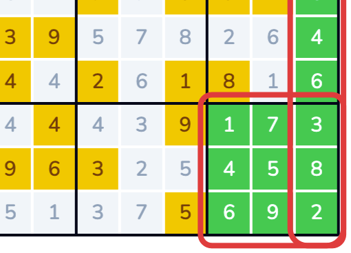 How to play Swudoku - Image showing completing a 3x3 block and a column on a Swudoku board to turn tiles green
